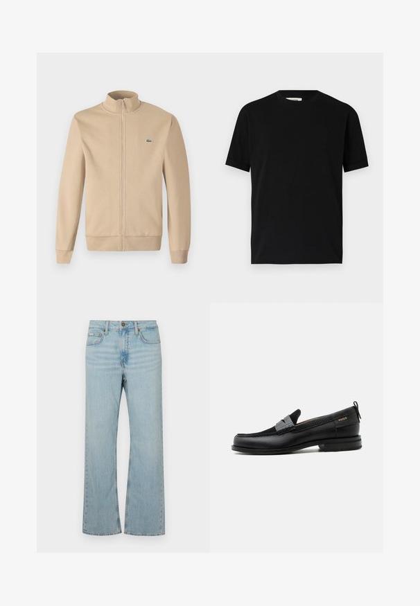 Beige zip-up jas met een rechtopstaande kraag, zachte stof, ribgebreide manchetten en een klein groen Lacoste-logo op de borst. Eenvoudig en minimalistisch ontwerp.; Zwarte t-shirt met korte mouwen van katoen, met een ronde halslijn en een losse pasvorm. Gladde textuur, zonder patronen of zichtbare logo's.; Lichtblauwe denim flare jeans met een middelhoge taille, vijf zakken en contrasterende stiksels. Voorzien van een ritssluiting en metalen knoopsluiting.; Zwarte leren loafer met grijs riemdetailelement, lage hak en gestructureerde zool, aan de zijkant gebrandmerkt met "HUGO" in goud.