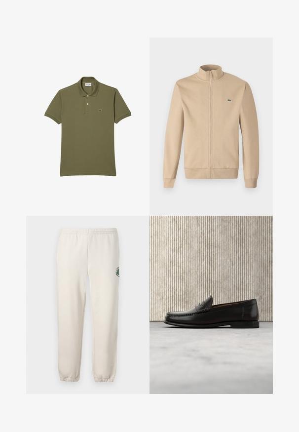 Beige zip-up jas met een rechtopstaande kraag, zachte stof, ribgebreide manchetten en een klein groen Lacoste-logo op de borst. Eenvoudig en minimalistisch ontwerp.; Olijfgroene poloshirt van katoen, met een twee-knopen sluiting, korte mouwen en geborduurd logo op de linkerkant van de borst.; Lichtbeige sweatpants van katoen, met een elastische tailleband, geribde boorden en een groen logo met een bladerenontwerp op het linkerpand.; Zwarte leren penny loafer met lage hak, afgeronde neus en gestikte details langs de voorkant en zijkanten, afgebeeld op een neutrale achtergrond.
