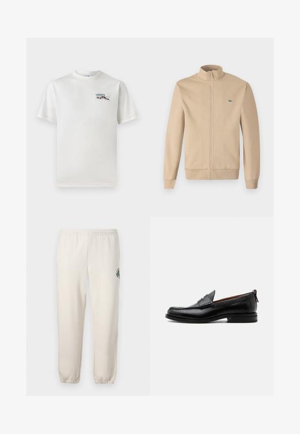 Béžová zipová bunda s stojatým golierom, mäkká tkanina, rebrované manžety a malé zelené logo Lacoste na hrudi. Jednoduchý a minimalistický dizajn.; Biela bavlnená tričko s okrúhlym výstrihom, krátkymi rukávmi a malou vyšívanou nášivkou s motívom hôr a textom na ľavej hrudi.; Svetlo béžové tepláky z bavlny s elastickým pásom, rebrovanými manžetami a zeleným logom s dizajnom listu na ľavej nohe.; Čierny kožený pánsky mokasín s prešitím moc toe, penny remienkom, textúrovaným golierom a nízkym vrstveným podpätkom na bielom pozadí.