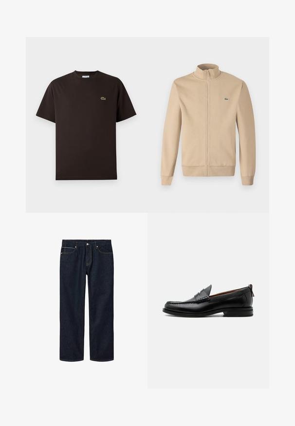 Beige zip-up jas met een rechtopstaande kraag, zachte stof, ribgebreide manchetten en een klein groen Lacoste-logo op de borst. Eenvoudig en minimalistisch ontwerp.; Bruine T-shirt met korte mouwen van katoen. Heeft een subtiele groene geborduurde krokodillogo op de linkerborst. Klassiek ontwerp met ronde hals.; Donker indigoblauwe spijkerbroek met een rechte pasvorm, voorzakken en contrasterende stiksels. Klassiek ontwerp met knoopsluiting en riemlussen.; Zwarte leren herensloffen met moc toe stiksel, pennyriem, gestructureerde kraag en lage gestapelde hak op witte achtergrond.