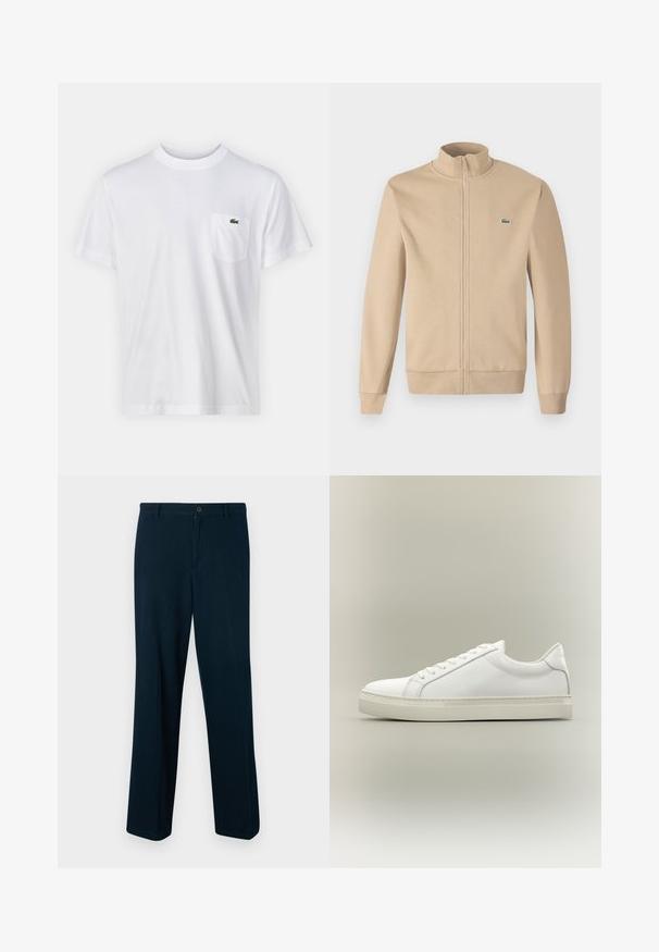 Beige Zip-Jacke mit Stehkragen, weichem Stoff, gerippten Bündchen und einem kleinen grünen Lacoste-Logo auf der Brust. Einfaches und minimalistisches Design.; Weißes Baumwoll-T-Shirt mit Rundhalsausschnitt und kurzen Ärmeln. Verfügt über eine linke Brusttasche und ein kleines grünes Lacoste-Logo.; Marineblaue Hose aus glattem Stoff mit Knopfverschluss, geradem Bein und minimaler Gestaltung.; Weißer Sneaker mit niedrigem Schaft, vorn mit Schnürung und dicker Sohle, aus der Seitenansicht vor neutralem Hintergrund.