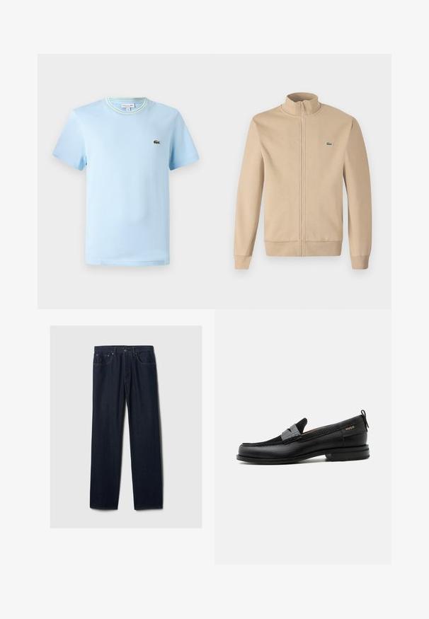 Beige zip-jakke med opretstående krave, blødt stof, ribbede manchetter og et lille grønt Lacoste-logo på brystet. Enkel og minimalistisk design.; Lys blå bomulds-T-shirt med korte ærmer, en rund hals med en grøn og hvid stribet kant, og et lille broderet logo på brystet.; Mørkeblå lige ben denim jeans med fem lommer, knaplukning og synlig syning på en ensfarvet lys baggrund.; Sort læderloafer med grå remdetalje, lav hæl og tekstureret sål, mærket med "HUGO" i guld på siden.