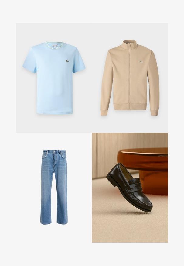 Beige Zip-Jacke mit Stehkragen, weichem Stoff, gerippten Bündchen und einem kleinen grünen Lacoste-Logo auf der Brust. Einfaches und minimalistisches Design.; Hellblaues Baumwoll-T-Shirt mit kurzen Ärmeln, einem Rundhalsausschnitt mit einem grün-weißen gestreiften Rand und einem kleinen gestickten Logo auf der Brust.; Helle blaue Jeans im Geradeschnitt-Design, mit fünf Taschen, Knopfverschluss, minimaler Ausbleichung und kontrastierenden Nähdetails.; Glänzender schwarzer Leder-Loafer mit einem Riemendetail, auf einem beigen Teppich neben einem runden braunen Couchtisch in einem sanft beleuchteten Raum platziert.