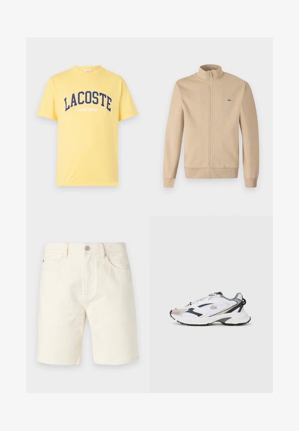Chaqueta beige con cremallera y cuello alzado, fabricada en tejido suave, puños acanalados y un pequeño logotipo verde de Lacoste en el pecho. Diseño simple y minimalista.; Camiseta de algodón amarilla con el logo "LACOSTE" en azul marino y el texto "SPORTSWEAR" debajo. Diseño sencillo de cuello redondo con mangas cortas.; Pantalones cortos de mezclilla en color beige claro con un corte clásico, que presentan bolsillos frontales, trabillas para el cinturón y cierre de botón. Textura suave con un color sólido.; Zapatilla deportiva blanca con acentos en plata y negro, parte superior de malla, suela texturizada y un diseño aerodinámico que presenta un logotipo en el lateral.