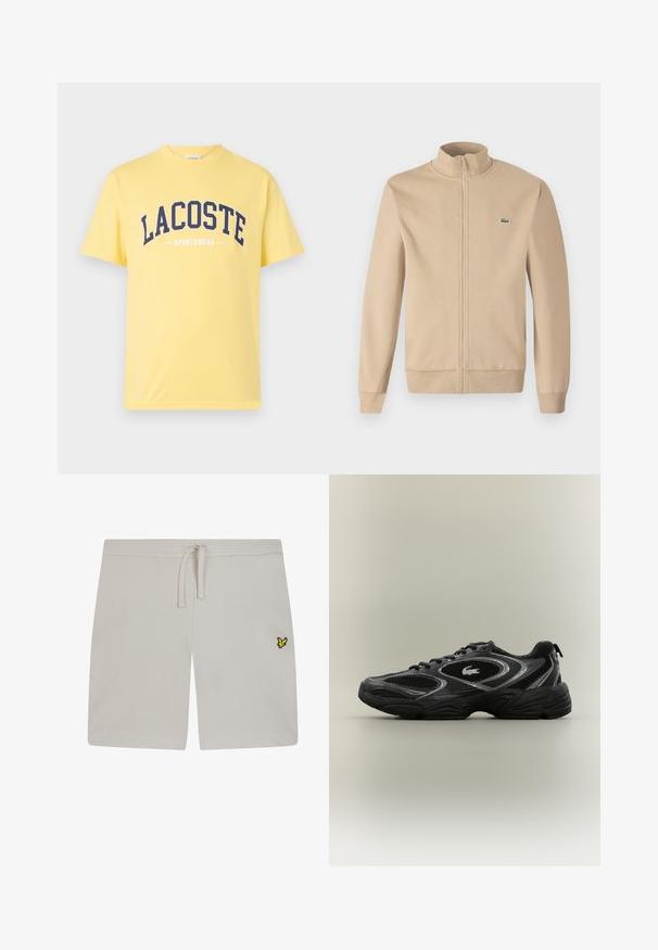 Beige zip-jakke med opretstående krave, blødt stof, ribbede manchetter og et lille grønt Lacoste-logo på brystet. Enkel og minimalistisk design.; Gul bomulds T-shirt med navy blå "LACOSTE" logo og "SPORTSWEAR" tekst nedenfor. Enkel design med rund hals og korte ærmer.; Lysegrå bomuldsshorts med elastisk talje og snøre. Har et lille gult logo på venstre side. Glat tekstur.; Sort og grå atletisk sneaker med mesh-paneler, snørebåndsdesign, tyk sål og et lille krokodillelogo på siden.