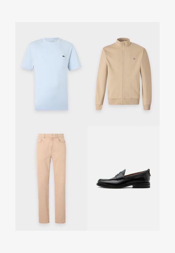 Beige Zip-Jacke mit Stehkragen, weichem Stoff, gerippten Bündchen und einem kleinen grünen Lacoste-Logo auf der Brust. Einfaches und minimalistisches Design.; Helles blaues T-Shirt mit kurzen Ärmeln aus weichem Baumwollmaterial. Verfügt über ein kleines grünes gesticktes Krokodil-Logo auf der Brust.; Beige gerade geschnittene Jeans aus einem Baumwollmischgewebe, mit Reißverschluss, Gürtelschlaufen sowie Vorder- und Gesäßtaschen. Glatte Textur.; Schwarzer Leder-Herrenschuh mit Mokassinnaht, Penny-Riemen, strukturiertem Kragen und niedrigem gestapeltem Absatz auf weißem Hintergrund.