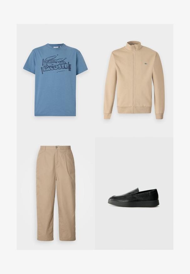 Beige Zip-Jacke mit Stehkragen, weichem Stoff, gerippten Bündchen und einem kleinen grünen Lacoste-Logo auf der Brust. Einfaches und minimalistisches Design.; Blaues Baumwoll-T-Shirt mit einem dunklen bedruckten Krokodil-Logo und dem Text "LACOSTE". Rundhalsausschnitt, kurze Ärmel, lockere Passform.; Beige, leichte Baumwollhosen mit gefaltetem Vorderteil, Knopfverschluss und geradem Bein, die eine glatte Textur und keine sichtbaren Muster aufweisen.; Calvin Klein HYBRID CUP - Slipper - triple black