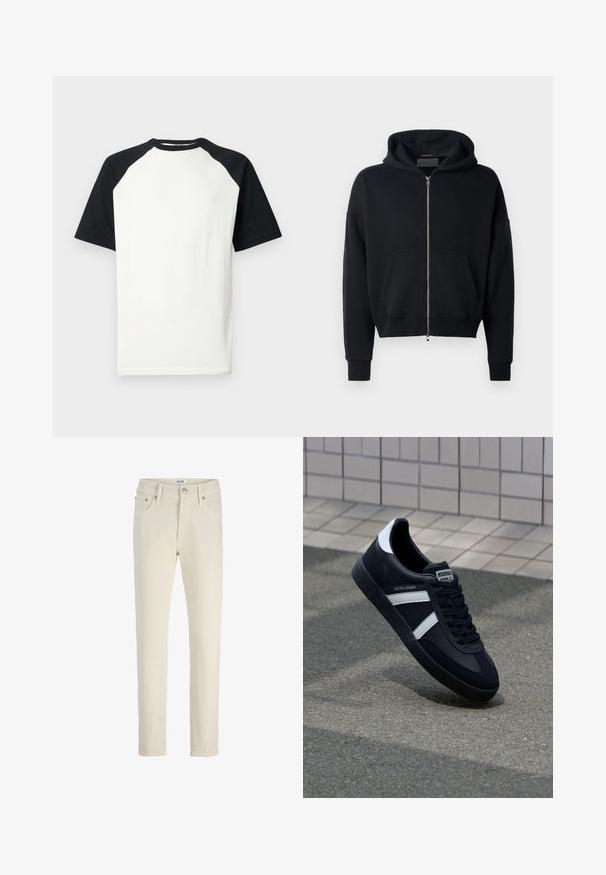 Hoodie zippé noir en tissu doux avec une poche avant, coupe oversize et capuche arrondie. Présente des poignets et un ourlet côtelés.; T-shirt raglan à manches courtes avec corps blanc et manches et col noirs, présenté sur fond blanc.; Pantalon en denim beige avec coupe droite, cinq poches, bouton en métal et texture subtile. Style simple et polyvalent.; Sneaker en cuir noir avec des rayures blanches, semelle en caoutchouc texturée et devant à lacets. Présente une étiquette de marque sur la languette.