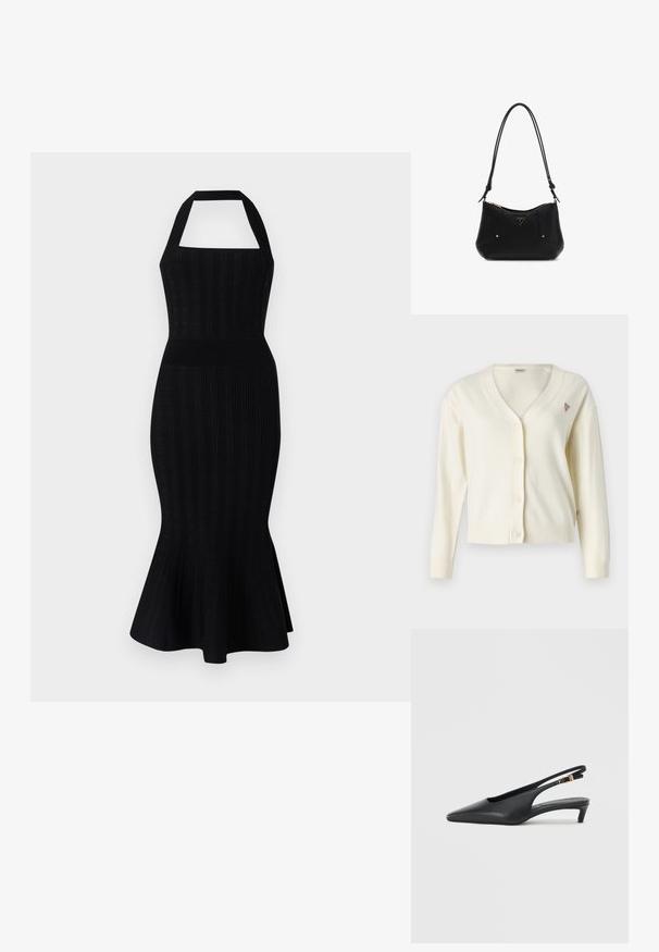 Creme cardigan med V-udskæring, knaplukning foran, lange ærmer, ribbede manchetter og nederkant. Har et lille trekantet logo på brystet.; Sort strikket midi kjole med halterneck, tætsiddende overdel, ribbet tekstur og udvidet kant. Ingen synlige mønstre eller detaljer.; Sorte slingback-pumps med spids tå, glat lædertekstur, en lav kitten heel og et bånd med en metalspænde.; Sort skuldertaske i læder fra Guess med justerbar rem, guldfarvet beslag og trekantet logo på forsiden i midten.