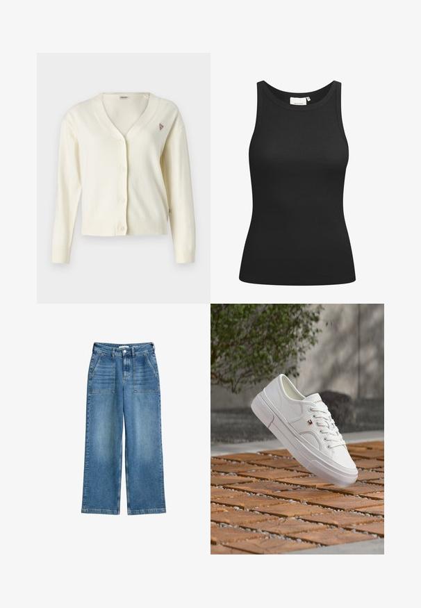 Crème cardigan met een v-hals, knoopsluiting, lange mouwen, geribbelde manchetten en zoom. Bevat een klein driehoekig logo op de borst.; Zwarte tanktop van ribstof, met een ronde hals en een aansluitende pasvorm. Platte naden en zonder versieringen. Eenvoudig en strak ontwerp.; Hoge taille wijde spijkerbroek in blauw denim, met voorzakken, riemlussen en een sluiting met knoop en rits aan de voorkant.; Witte leren sneaker met veters en een klein rood, wit en blauw logo, zwevend boven een patroon van hout en kiezelstenen buiten.
