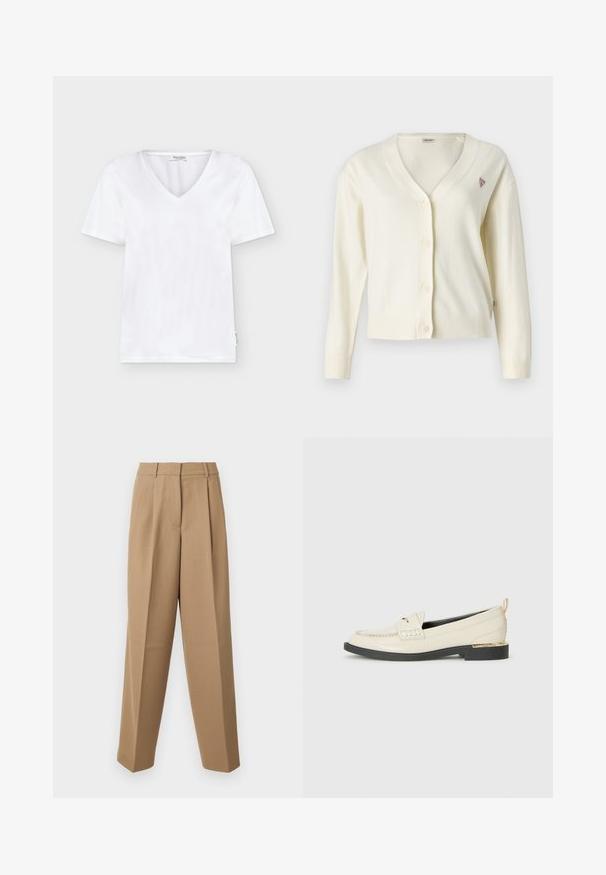 Crème cardigan met een v-hals, knoopsluiting, lange mouwen, geribbelde manchetten en zoom. Bevat een klein driehoekig logo op de borst.; Witte T-shirt met korte mouwen en V-hals met een klein merkembleem aan de onderkant en een label aan de binnenkant van de kraag.; Beige op maat gemaakte broek met een hoge taille, geplooide voorkant en wijde pijpen. De stof lijkt glad met een lichte glans.; Crème leren mocassin met een decoratieve band, gestikte details en een lage zwarte plateauzool met een gouden hak.
