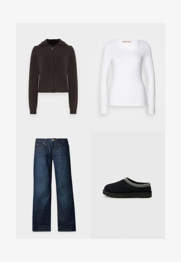 Sweat à capuche zippé gris foncé avec ourlet et poignets côtelés. Présente une texture douce et une capuche avec cordon de serrage pour un ajustement personnalisable.; T-shirt en coton blanc à manches longues, avec un col rond et une coupe ajustée, au toucher doux et sans ornement.; Jean droit bleu foncé avec détails délavés, fermeture par bouton et zip, et design à cinq poches sur un fond clair uni.; Des sabots noirs en suede à enfiler présentent un accent tissé texturé le long du col et une semelle en caoutchouc noire avec un profil anti-dérapant.