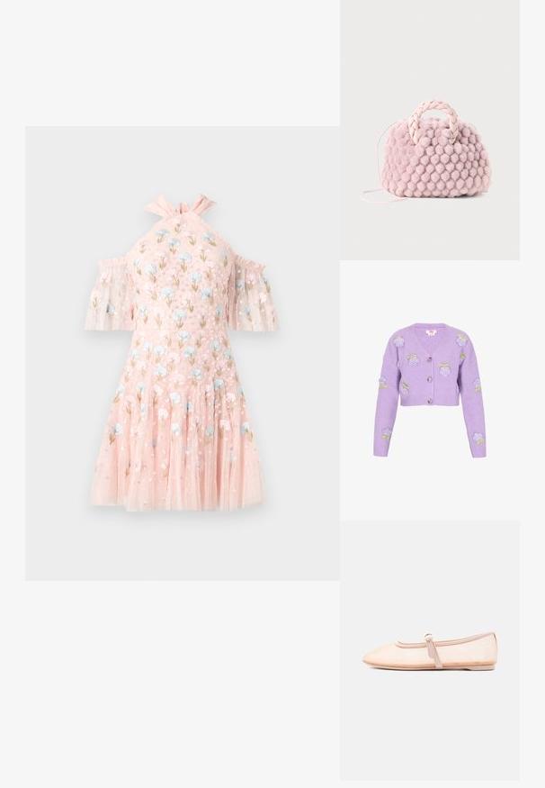 Cardigan court lilas en tissu côtelé, orné de roses brodées et d'accents verts, avec un décolleté en V et trois boutons.; Robe courte rose avec manches épaules dénudées, ornée de broderies florales bleues et roses, tissu en tulle transparent à couches, et encolure à volants.; Chaussure plate beige clair avec un bout pointu et une bride latérale avec boucle, présentée sur un fond blanc uni.; Sac à main en pompon rose texturé avec une poignée tressée et une fine sangle. Forme ronde, surface douce, design compact.
