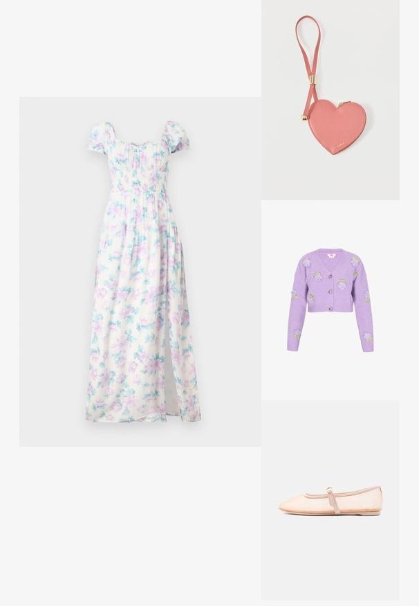 Cardigan court lilas en tissu côtelé, orné de roses brodées et d'accents verts, avec un décolleté en V et trois boutons.; Robe maxi florale à manches courtes bouffantes, en tissu blanc avec des fleurs violet clair et teal, avec un corsage smocké et une fente sur le côté.; Chaussure plate beige clair avec un bout pointu et une bride latérale avec boucle, présentée sur un fond blanc uni.; Pochette à pièces en cuir rose en forme de cœur avec sangle de poignet et fermeture éclair dorée, marquée d’un petit texte doré "Furla".
