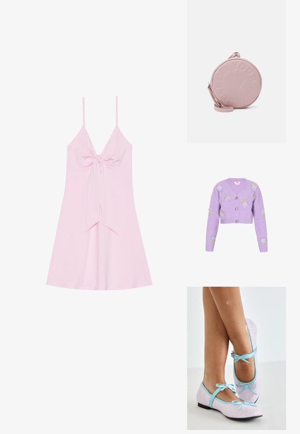 Cárdigan corto en color lila, hecho de tela acanalada, con rosas bordadas y detalles en verde, con escote en V y tres botones.; Vestido rosa sin mangas con un detalle de nudo en el frente y falda acampanada. Fabricado con un tejido suave de textura lisa. Tirantes finos ajustables.; Zapatos de bailarina con un exterior de purpurina rosa, ribete y acentos de cuero azul, que cuentan con lazos en correas ajustables y un pequeño tacón negro.; Bolso de cuero rosa redondo con texto en relieve y diseño de corazón, que cuenta con una correa desmontable y una textura suave.