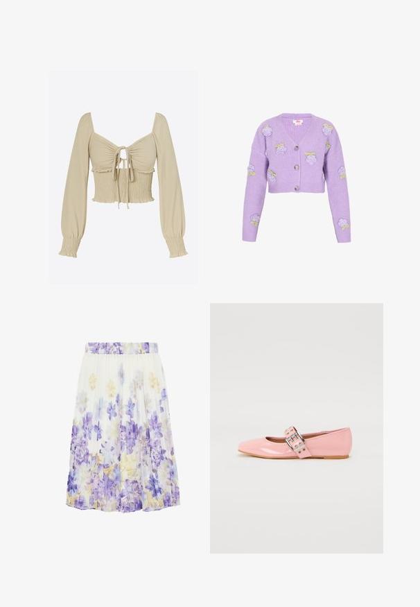 Lilla cropped cardigan lavet af ribbet stof, med broderede roser og grønne accenter, V-udskæring og tre knapper.; Lysebeige cropped top i glat stof; har lange, puffede ærmer, ét sammentrukket bryst med bindefront og smockdetalje ved taljen.; Hvid plisseret nederdel med et blomsterprint i nuancer af lilla, blå og lys gul, med elastisk linning.; Lyserøde patentlæder balletflade sko med firkantet tå, spænde detalje og flad gummisål. Glat tekstur hele vejen igennem.