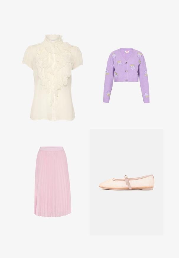 Cardigan court lilas en tissu côtelé, orné de roses brodées et d'accents verts, avec un décolleté en V et trois boutons.; Blouse crème en tissu léger, avec un devant à volants, un col haut, des manches courtes et un fermoir à boutons.; Jupe midi plissée de couleur rose clair, dotée d'une large taille élastique et d'une texture lisse. Les plis vont de la taille jusqu'à l'ourlet.; Chaussure plate beige clair avec un bout pointu et une bride latérale avec boucle, présentée sur un fond blanc uni.