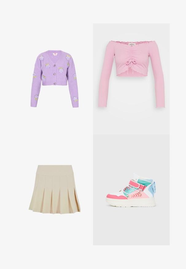 Lila geknipte cardigan van ribgebreid materiaal, met geborduurde rozen en groene accenten, een V-halslijn en drie knopen.; Roze geribbelde off-shoulder crop top met lange mouwen, met een trekkoorddetail aan de voorkant en gegolfde randafwerkingen.; Beige geplisseerde rok met een aangesloten tailleband, gemaakt van een gladde stof. Kenmerkt zich door meerdere verticale plooien en een rechte zoom.; Witte hoge sneaker met roze, turquoise en blauwe accenten, decoratieve parels, een zeesterbedel en een blauwe strik op de hiel.
