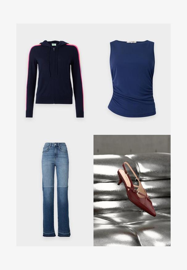 FROM FUTURE Vest - navy; Marineblauw mouwloos topje van soepel, rekbaar materiaal. Heeft gathered zijdetails en een afgeronde zoom voor een aansluitende look.; Hoge taille denim jeans met een verloop van licht naar donkerblauw, een rechte pijp en rafelige zoom aan de manchetten.; Enkel rode leren slingback met hoge hak, puntige neus en gespbandjes, rustend op een glanzend zilveren getufte ondergrond.