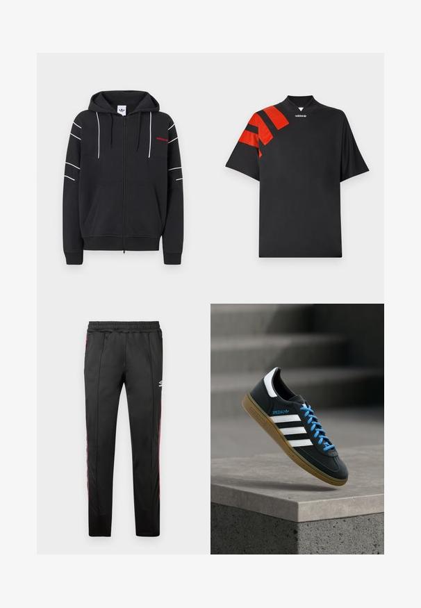 Must täislukuga kapuutsiga džemper valgete triipudega varrukatel ja rinnal, esimesed taskud, paelaga kapuuts ning väike punane Adidas logo vasakul rinnal.; Must lühikeste varrukatega t-särk kõrge kraega, millel on punased läikivad aktsendid ja vasakul õlal diagonaalsed triibud. Sile tekstuur.; Mustad mustadest spordipükstest, mis on valmistatud siledast kangast, punaste külgtriipudega, elastse vöökohtadega ja logoga ülemisel paremal jalal.; Must Adidas toss valgete triibu, siniste paelte ja kummist tallaga, hõljuv pehme valgusega halli betoonastme kohal.