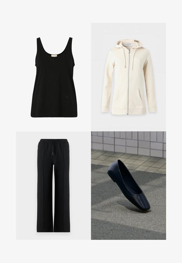 Cremefarbener Kapuzenpullover mit Reißverschluss, Fronttaschen und Kordeln an der Kapuze, dargestellt vor einfachem Hintergrund.; Schwarzes ärmelloses Tank Top aus weichem Baumwollmaterial, mit einem runden Ausschnitt und lockerer Passform, ohne sichtbare Muster oder Hardware-Details.; Schwarze Sweatpants mit weitem Bein, elastischem Bund und Kordelzug. Hergestellt aus weichem Stoff, mit vorderen Nähten für zusätzliche Details.; Schwarzer flacher Lederschuh steht aufrecht auf einer Asphaltfläche nahe dem Rand eines gefliesten Bürgersteigs.