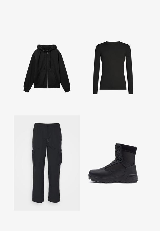 Sort zip-up hættetrøje med en blød tekstur, store forlommer og justerbar snøring i hætten. Har løstsiddende ærmer og en lige kant.; Sort, tætsiddende langærmet T-shirt med rund hals og et diskret Icebreaker-logo på venstre ærme, vist på en hvid baggrund.; Sorte cargo-bukser lavet af vævet stof. Har justerbar talje, sidelommer og to værktøjslommer med lynlås.; Sort taktisk støvle med en glat læderoverdel og stofpaneler, høj ankeldesign, snørebånd foran og slidstærk gummisål.