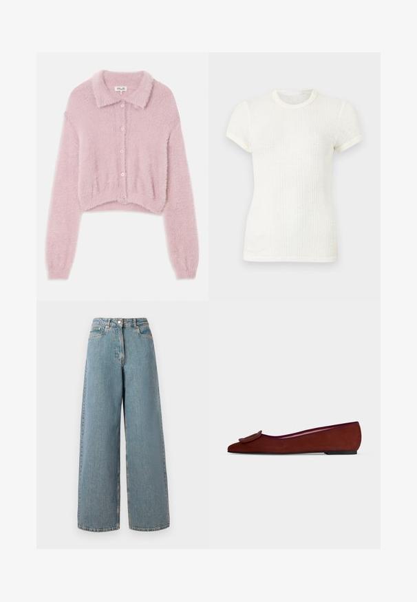 Lyserød cropped cardigan med en fuzzy tekstur, knaplukning foran og krave. Lange ærmer der snævrer ind ved håndleddene.; Hvid ribstrikket t-shirt med korte ærmer, rund halsudskæring og let puffede ærmer.; Høj talje, lyseblå vidde denim jeans med frontlynlås, knappelukning og forlommer.; Flad brun ruskind damesko med spids tå og stor dekorativ spænde på toppen mod ensfarvet baggrund.
