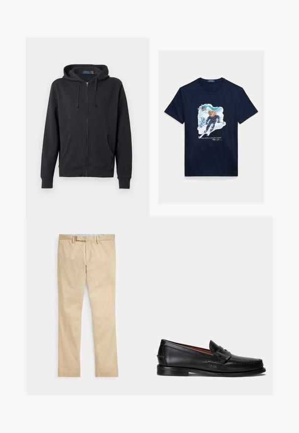 Mørkegrå zip-up hættejakke lavet af blødt materiale, med en front kangaroo-lomme, snore i hætten og et lille broderet logo på brystet.; Marineblå bomuld T-shirt med et motiv af en bjørn, der står på ski, iført skibriller, med en helikopter over sig og snedækkede bjerge i baggrunden.; Beige bukser med lige ben, bæltestropper og frontlynlås, lagt fladt mod en hvid baggrund.; Sort læderloafer med lav hæl og pennyremdetalje, vist fra siden på en lysegrå baggrund.