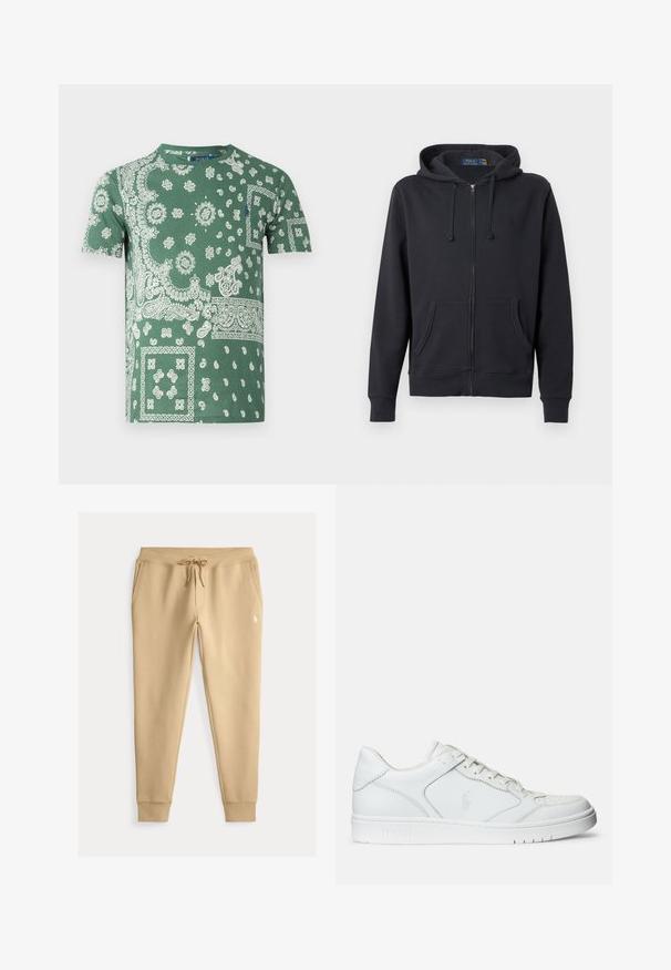 Tumehall zip-up kapuutsärk, mis on valmistatud pehmest kangast, millel on esine kangaroopocket, tõmblukud ja väike tikandiga logo rinnal.; Roheline puuvillane T-särk, millel on keerukad valged paisley ja lillemustrid, ümmargune kaelus ja lühikesed varrukad.; Beezit värvi kitsad dressipüksid paelaga vöökohal, küljetaskud, soonikkäärid ja väike valge tikandiga logo vasakul reiel.; Valged nahast spordijalatsid siledast materjalist, millel on ventilatsiooniga varvas, paelad ja kõrvale brodeeritud logo. Valge kummitald.