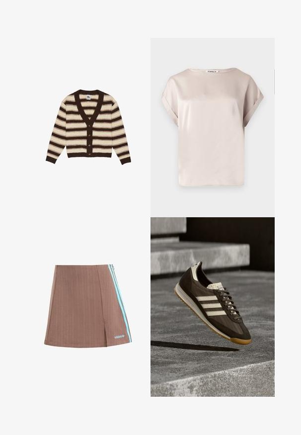 Gestreepte cardigan in zachte brei, met strepen in bruin, crème en mosterdgeel. V-hals met vijf knopen en geribbelde manchetten.; Beige satijnen blouse met korte mouwen, opgerolde manchetten en een boothals van het merk ONLY.; Bruine geplooide skort met blauwe zijstrepen en logo. Kenmerkt zich door een strakke uitstraling, subtiele textuur en een rechte zoom.; Bruine sportschoen met lichtbeige strepen, gemaakt van suède en mesh materiaal, een gestructureerd bovenwerk, vetersluiting en een zool van gumrubber.