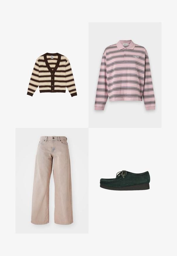 Gestreifter Cardigan aus weichem Strick, mit braunen, cremefarbenen und senfgelben Streifen. V-Ausschnitt mit fünf Knopfverschlüssen und gerippten Bündchen.; Langärmliges pinkfarbenes Poloshirt mit schwarzen und weißen horizontalen Streifen und einer zwei-Knopf-Blende, mit einem kleinen gestickten Logo auf der Brust.; Beige weit geschnittene Jeans mit hohem Bund, Fünf-Taschen-Design und Knopfverschluss. Der Stoff hat eine weiche Textur und eine leichte Ausbleichung an der Vorderseite.; Grüner Wildlederschuh mit runder Zehenpartie und Schnürdesign. Verfügt über eine strukturierte schwarze Sohle und feine Nähte entlang der Kanten.