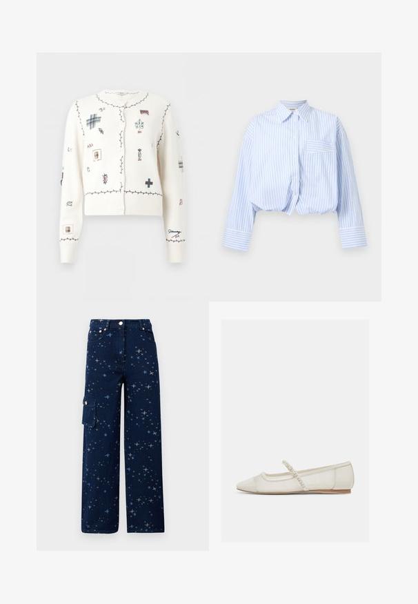 Hvid knap-op cardigan med burgunderfarvede sømme og forskellige små broderede symboler og bogstaver i blå, burgunder og beige.; Lyseblå og hvide lodrette stribede langærmet crop-top med knaplukning, spids krave og enkelt brystlomme.; Mørkeblå denim cargo bukser med stjernemønster, vide ben, forlommer og en sidelomme med knaplukning.; Off-white flad sko med spids tå, perlebesat rem og lav træhæl, sidevisning på lys baggrund.
