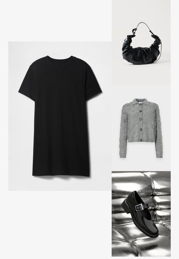 Grå knap-op cardigan med tekstureret strikmønster, lange ærmer, ribbede manchetter og krave.; Sort kortærmet t-shirt lavet af bomuld, med klassisk rund halsudskæring og en lige kant, med en glat, mat tekstur.; Sorte læder Mary Jane sko med firkantet tå, en sølv spænde accent og en chunky lav hæl, sat mod en glansfuld sølv baggrund.; Sort faux læder handbag med et blødt, samlet design og et fleksibelt håndtag, der fremviser en glat tekstur og en subtil glans.