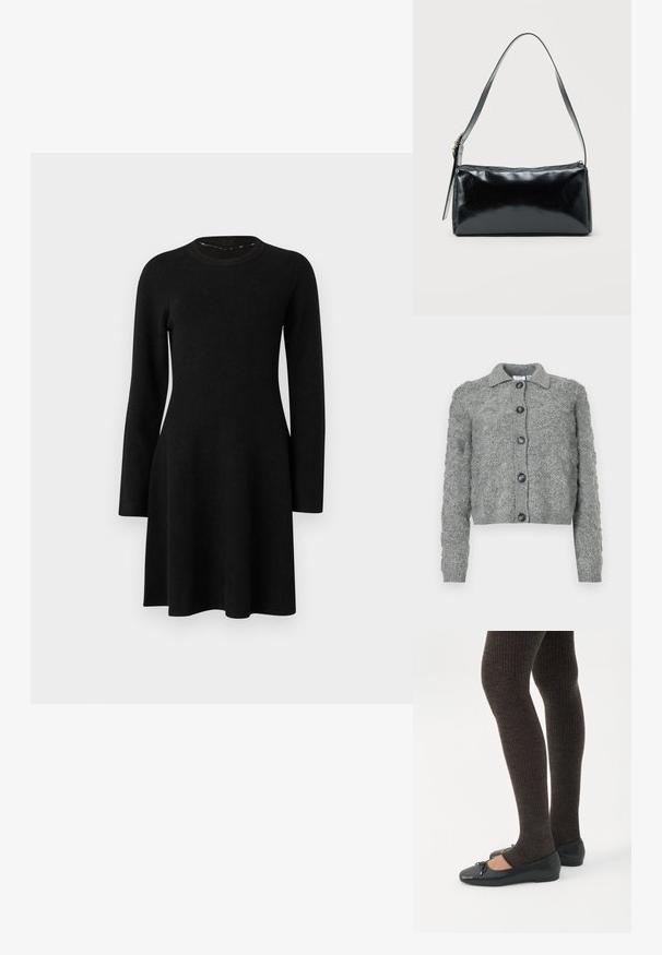 Gilet boutonné gris avec un motif de tricot texturé, manches longues, poignets côtelés et col.; Robe noire à manches longues en tissu doux. Dotée d'un col rond, d'un corsage ajusté et d'une jupe évasée, avec une texture lisse. Sans motifs ni accents.; Jambes portant des leggings côtelés foncés associés à des ballerines noires avec de petits détails en nœud sur fond blanc.; Sac d'épaule rectangulaire noir avec une sangle réglable unique et une fermeture éclair supérieure sur un fond uni.
