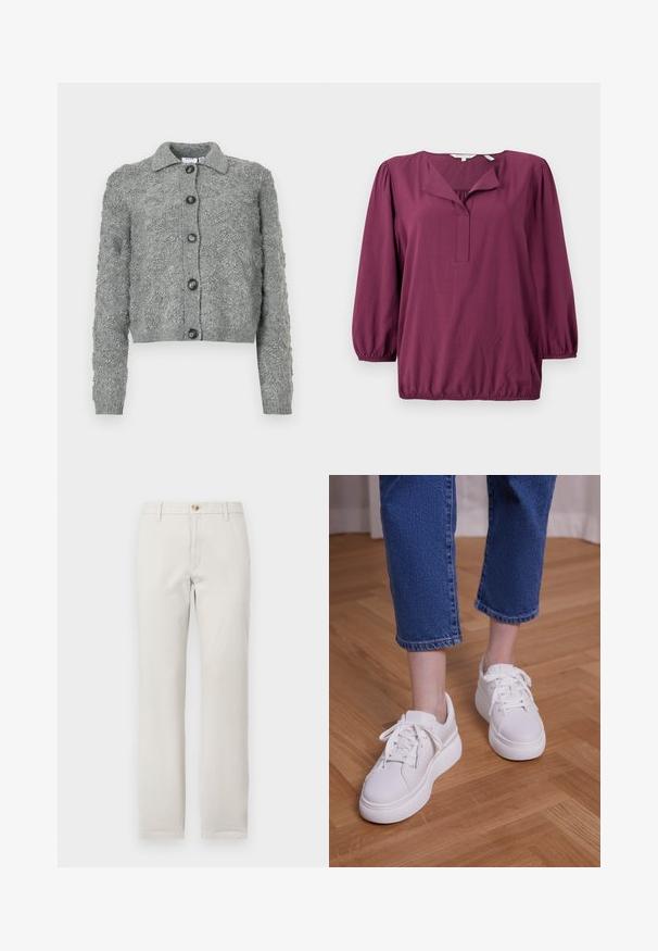 Gilet boutonné gris avec un motif de tricot texturé, manches longues, poignets côtelés et col.; TOM TAILOR WITH V-NECK - Blouse - bordeaux red; Pantalons beiges à jambes droites avec passants de ceinture, fermeture à bouton à l'avant et braguette zippée sur fond blanc uni.; Jambes portant un jean court bleu et des baskets blanches à plateforme à lacets, debout sur un sol en bois clair.