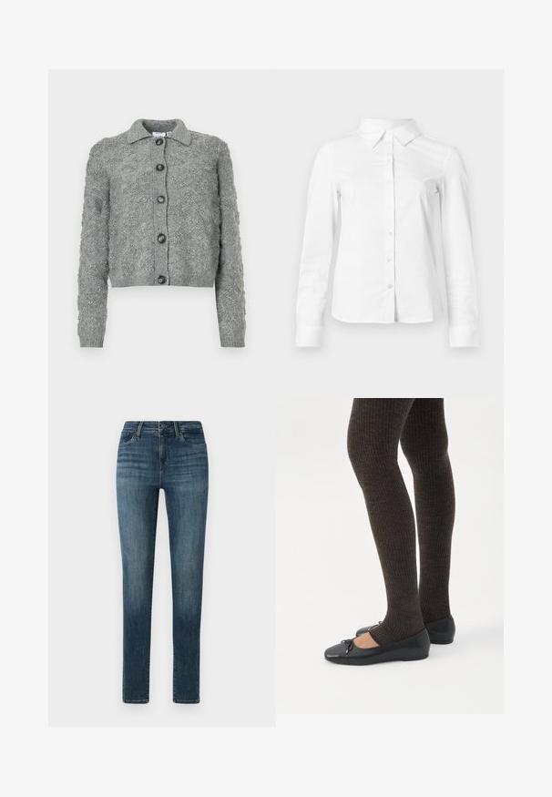 Grijze button-up cardigan met een getextureerd breipatroon, lange mouwen, geribbelde manchetten en een kraag.; Witte blouse met lange mouwen en knopen, met puntige kraag, rechte zoom en aansluitende silhouet, weergegeven op een effen lichte achtergrond.; Donkerblauwe denim jeans met een smal model, voorzien van een knoopsluiting, vijf zakken en subtiele vervaging langs de dijen.; Benen met donkere geribbelde leggings gecombineerd met zwarte ballerina's met kleine strikdetails op een witte achtergrond.