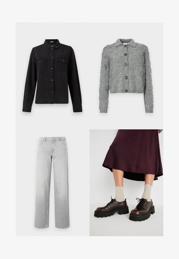Grijze button-up cardigan met een getextureerd breipatroon, lange mouwen, geribbelde manchetten en een kraag.; Zwarte spijkerbutton-up shirt met lange mouwen, twee borstzakken met klep en een klassieke kraag op een witte achtergrond.; Lichtgrijze wijde spijkerbroek van denim. Voorzien van vijf zakken, een knoopsluiting en een subtiele vervaagde structuur voor een versleten uitstraling.; Bruine leren platform schoenen met dikke zwarte zolen, gecombineerd met geribbelde beige sokken met golfranden, tegen een neutrale achtergrond.
