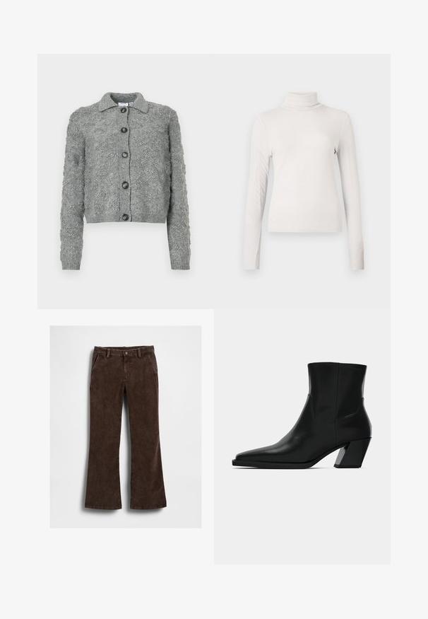 Gilet boutonné gris avec un motif de tricot texturé, manches longues, poignets côtelés et col.; Haut à col roulé à manches longues côtelé de couleur crème avec une silhouette ajustée sur un fond blanc uni.; Pantalon évasé en velours côtelé marron à la texture lisse, avec poches avant et une fermeture à un bouton à la taille.; Bottine en cuir noir avec un bout pointu, une silhouette élégante et un talon carré massif. Texture lisse avec des détails de couture minimalistes.