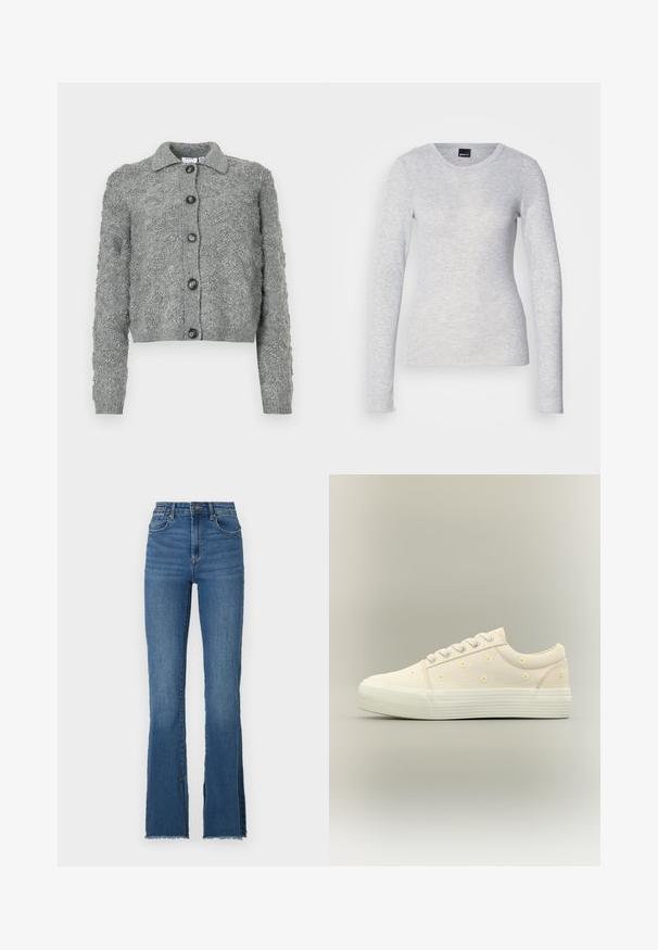 Grauer Button-Up Cardigan mit strukturiertem Strickmuster, langen Ärmeln, gerippten Bündchen und einem Kragen.; Langärmliges graues Oberteil aus leichtem Stoff mit rundem Ausschnitt und weicher Textur; hat leicht ausgestellte Ärmelbündchen.; Schwarzblaues Denim mit Schlag, hoher Bund, ausgefranster Saum und fünf Taschen. Glatte Textur mit subtiler Ausbleichung.; Cremefarbener Sneaker in niedriger Ausführung mit weißer Gummisohle, silbernen Ösen und kleinen bestickten gelben und weißen Gänseblümchen auf dem Stoffobermaterial.