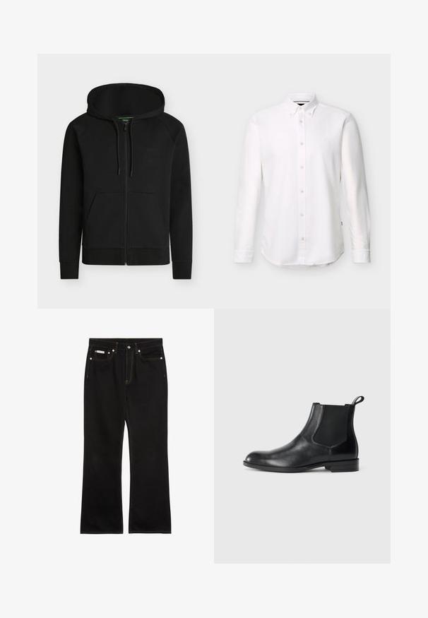 Sweat à capuche noir zippé avec poches avant, capuche réglable par cordon et logo discret « BOSS » sur la poitrine gauche.; Chemise blanche à manches longues avec col boutonné et petit logo brodé sur la poitrine gauche.; Jean noir droit avec coutures orange, cinq poches, fermeture par bouton, et une petite étiquette Calvin Klein sur la poche avant droite.; Bottine en cuir noir avec des panneaux latéraux élastiques, bout rond et tirette. Texture lisse, semelle plate, design minimaliste.