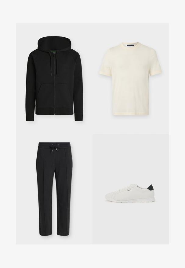 Sweat à capuche noir zippé avec poches avant, capuche réglable par cordon et logo discret « BOSS » sur la poitrine gauche.; T-shirt à manches courtes couleur crème, col rond, design uni, présenté sur un fond gris clair plat.; Pantalon noir fuselé avec une taille élastique et un cordon, présentant une subtile texture côtelée verticale.; Baskets blanches basses avec languette de talon noire, lacets blancs et logo "BOSS" sur le côté, présentées sur un fond clair uni.