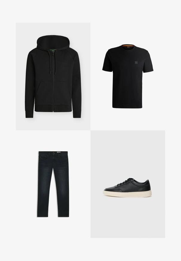Sort lynlåshættetrøje med forlommer, justerbar snor i hætten og diskret "BOSS" logo på venstre bryst.; Sort T-shirt lavet af blødt bomuld. Har en rund hals og korte ærmer. Et lille, tekstureret firkantet logo er placeret på venstre bryst.; Mørke denim jeans med lige pasform, subtilt slid, fem lommer og orange syninger som accent på taljen.; Sort lavt top lædersneaker med sorte snørebånd og off-white sål vist i sideprofil på hvid baggrund.
