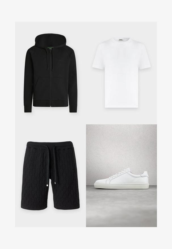 Sweat à capuche noir zippé avec poches avant, capuche réglable par cordon et logo discret « BOSS » sur la poitrine gauche.; T-shirt blanc à manches courtes et col rond avec texture côtelée et une petite étiquette au cou portant l'inscription "DRYKORN" sur un fond clair uni.; Shorts en maille noire avec motif texturé, taille élastique et cordon avec embouts métalliques.; Sneaker blanche avec une tige en cuir lisse et un profil bas. Présente un bout arrondi, six œillets et une semelle en caoutchouc texturé.