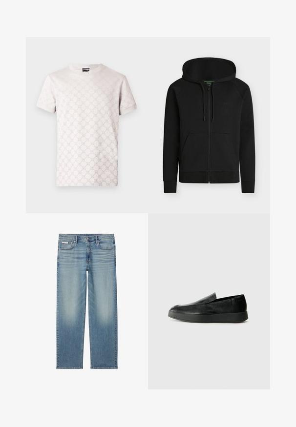 Sweat à capuche noir zippé avec poches avant, capuche réglable par cordon et logo discret « BOSS » sur la poitrine gauche.; T-shirt gris clair avec un motif texturé subtil, col rond et manches courtes. Confectionné en coton doux.; Jean droit en denim bleu clair avec détails délavés, bouton et fermeture éclair devant, et design à cinq poches incluant une petite étiquette Calvin Klein sur la poche.; Calvin Klein HYBRID CUP - Chaussons - triple black