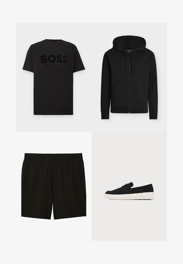 Sweat à capuche noir zippé avec poches avant, capuche réglable par cordon et logo discret « BOSS » sur la poitrine gauche.; T-shirt en coton noir arborant le mot « BOSS » dans un design texturé et légèrement en relief. Col rond classique et manches courtes.; Shorts noirs à taille élastique avec poches latérales, longueur genou, style décontracté.; Mocassin noir en daim à enfiler avec une semelle épaisse en caoutchouc blanc et une bride décorative sur le dessus, vu de profil sur un fond uni.