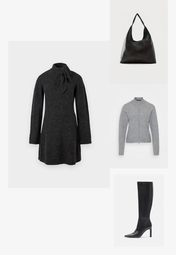 Grå lynlåstrøje med høj krave, ribbet tekstur og tætsiddende design. Har en sølv lynlås og sømløs ærmekonstruktion.; Grå strikket kjole med høj krave og en sløjfedetail ved halsen. Designet har lange ærmer og en let udvidet silhuet.; Knæhøje sorte læder stiletto støvler med spids tå og glat tekstur, der har et slankt design og minimal syning.; Sort skuldertaske i glat læder med en bred, enkelt strop og et afslappet, minimalistisk design mod en ensfarvet baggrund.