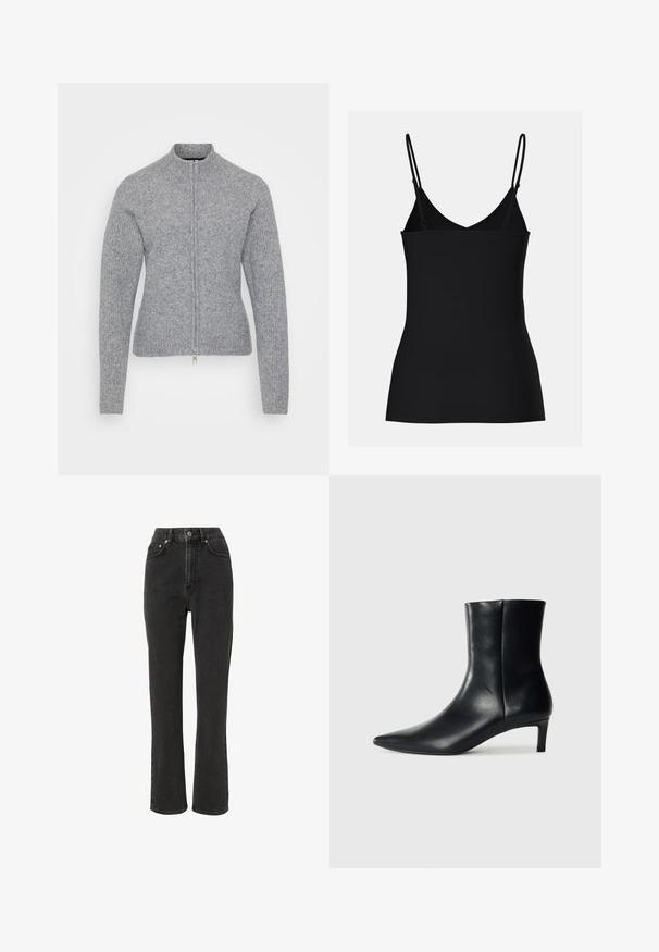 Grijze zip-up sweater met hoge kraag, geribde textuur en een aansluitend ontwerp. Heeft een zilveren rits en naadloze mouwconstructie.; Zwarte camisole-top met dunne verstelbare bandjes, V-halsontwerp, aansluitende pasvorm en naadloze textuur. Eenvoudige en minimalistische stijl.; Hoge taille zwarte denim jeans met een rechte pijp, vijf-pocket ontwerp, metalen knoopsluiting en een subtiele vervaging.; Zwarte leren enkelboot met een spitse neus, taps toelopend silhouet en een lage, ronde hak. Gladde textuur met minimale details.