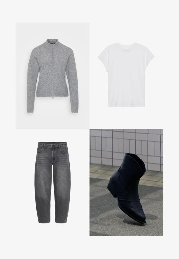 Grijze zip-up sweater met hoge kraag, geribde textuur en een aansluitend ontwerp. Heeft een zilveren rits en naadloze mouwconstructie.; Witte t-shirt met korte mouwen, ronde hals, relaxte pasvorm, gemaakt van zacht katoen. Glad textuur, geen patronen of logo's.; Zwarte spijkerbroeken van denim met een losse pasvorm, voorzien van een vijf-pocketontwerp, knoopsluiting en subtiele vervaging voor textuur.; Zwarte leren enkellaars met lage hak, decoratieve stiksels en puntige neus, rechtop geplaatst op een betegelde ondergrond naast een betegelde muur.