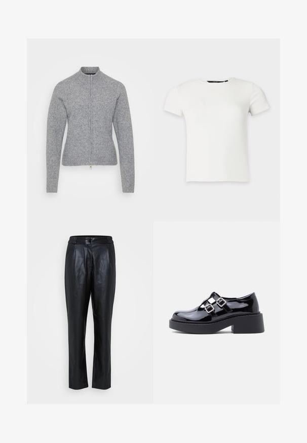 Pull gris à zip avec un col haut, texture côtelée et design ajusté. Doté d'une fermeture éclair argentée et d'une construction de manches sans couture.; T-shirt blanc à manches courtes en maille côtelée avec col rond, présenté sur un fond uni gris clair.; Pantalons en cuir noir avec une texture lisse, design à jambe fuselée, taille élastique et détails de couture à l'avant. Adaptés pour un port décontracté ou formel.; Chaussures à plateforme en cuir verni noir avec talon large, design découpé, et deux boucles argentées sur le dessus du pied. Semelle en caoutchouc plate.