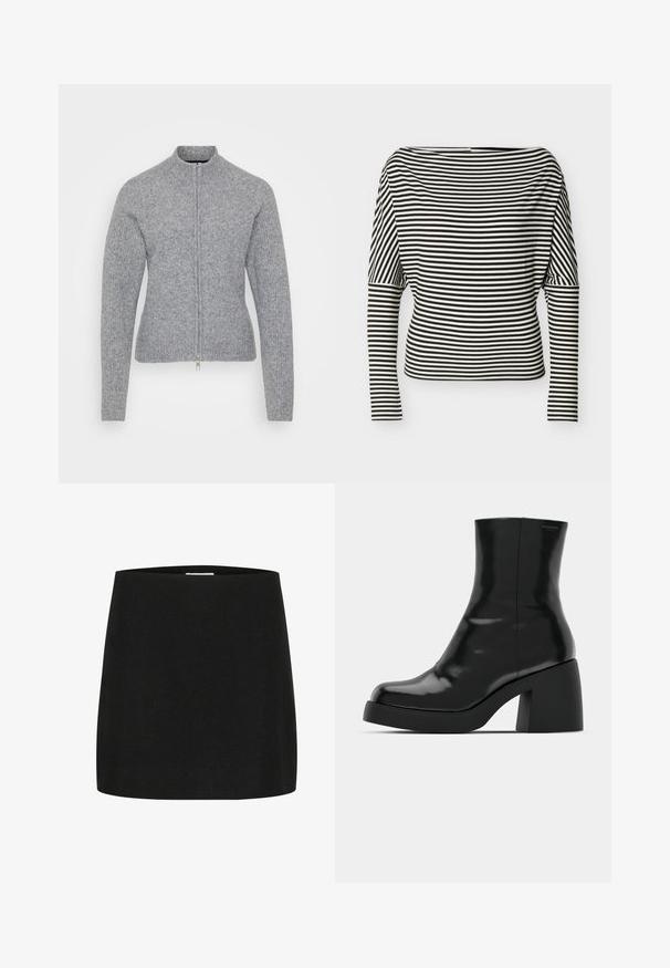 Grå lynlåstrøje med høj krave, ribbet tekstur og tætsiddende design. Har en sølv lynlås og sømløs ærmekonstruktion.; Sort-hvid, vandret striped langærmet top med bådudskæring og tætsiddende ærmer på en ensfarvet baggrund.; Sort mini-skjorte lavet af tekstureret stof, med en simpel, lige skæring uden synlige udsmykninger eller mønstre.; Sorte ankelstøvler med en blank finish, firkantet tå og en tyk blokhæl. Designet har en strømlinet silhuet og minimal branding.